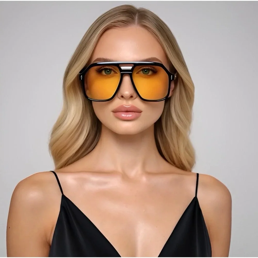 Oversized Aviator Sunglasses Women Yellow Orange Gradient Lens Retro Vintage XXL